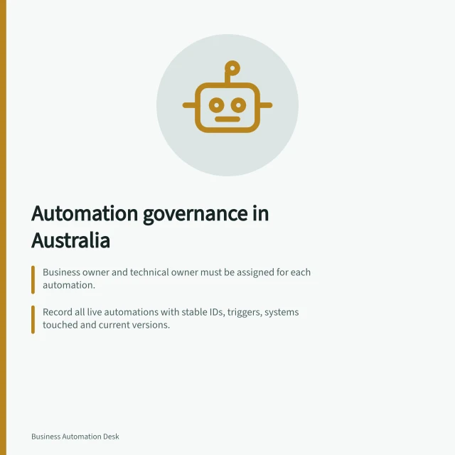 Automation governance in Australia: Business owner and technical owner must be assigned for each automation.; Record all live automations with stable IDs, triggers, systems touched and current versions.; APP 1 requires privacy policy updates when automations affect individuals' rights or interests. Automation governance