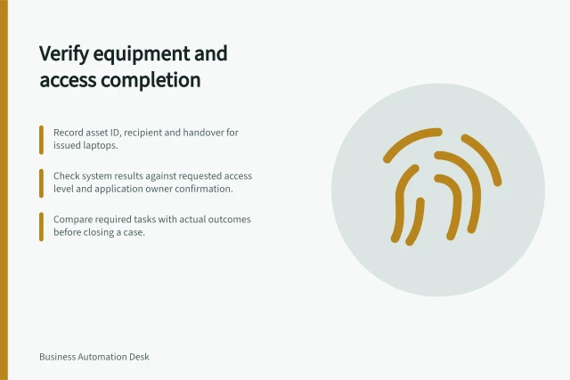 Verify equipment and access completion: Record asset ID, recipient and handover for issued laptops.; Check system results against requested access level and application owner confirmation.; Compare required tasks with actual outcomes before closing a case. Checking completion across equipment and access tasks