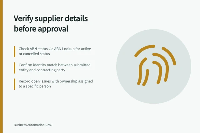 Verify supplier details before approval: Check ABN status via ABN Lookup for active or cancelled status; Confirm identity match between submitted entity and contracting party; Record open issues with ownership assigned to a specific person. Checking required information before supplier approval