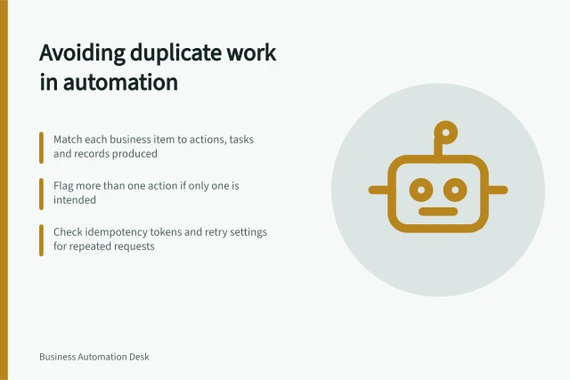 Avoiding duplicate work in automation: Match each business item to actions, tasks and records produced; Flag more than one action if only one is intended; Check idempotency tokens and retry settings for repeated requests. Checking whether an automation creates duplicate work