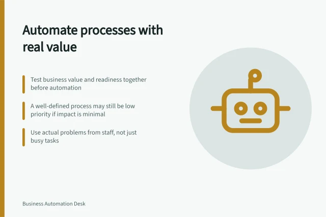 Automate processes with real value: Test business value and readiness together before automation; A well-defined process may still be low priority if impact is minimal; Use actual problems from staff, not just busy tasks. Choosing a process that is worth automating