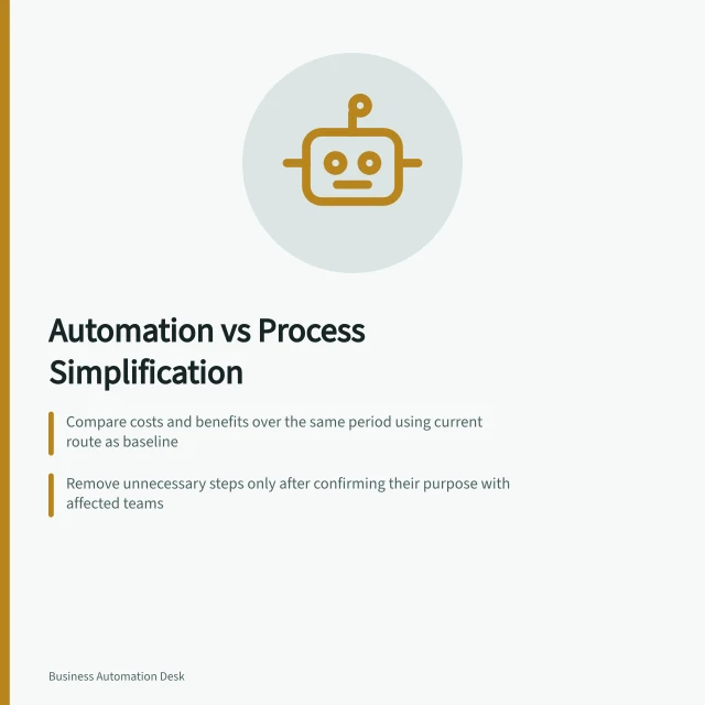 Automation vs Process Simplification: Compare costs and benefits over the same period using current route as baseline; Remove unnecessary steps only after confirming their purpose with affected teams; Automated routing can fix delays after re-entry is eliminated. Comparing automation with process simplification