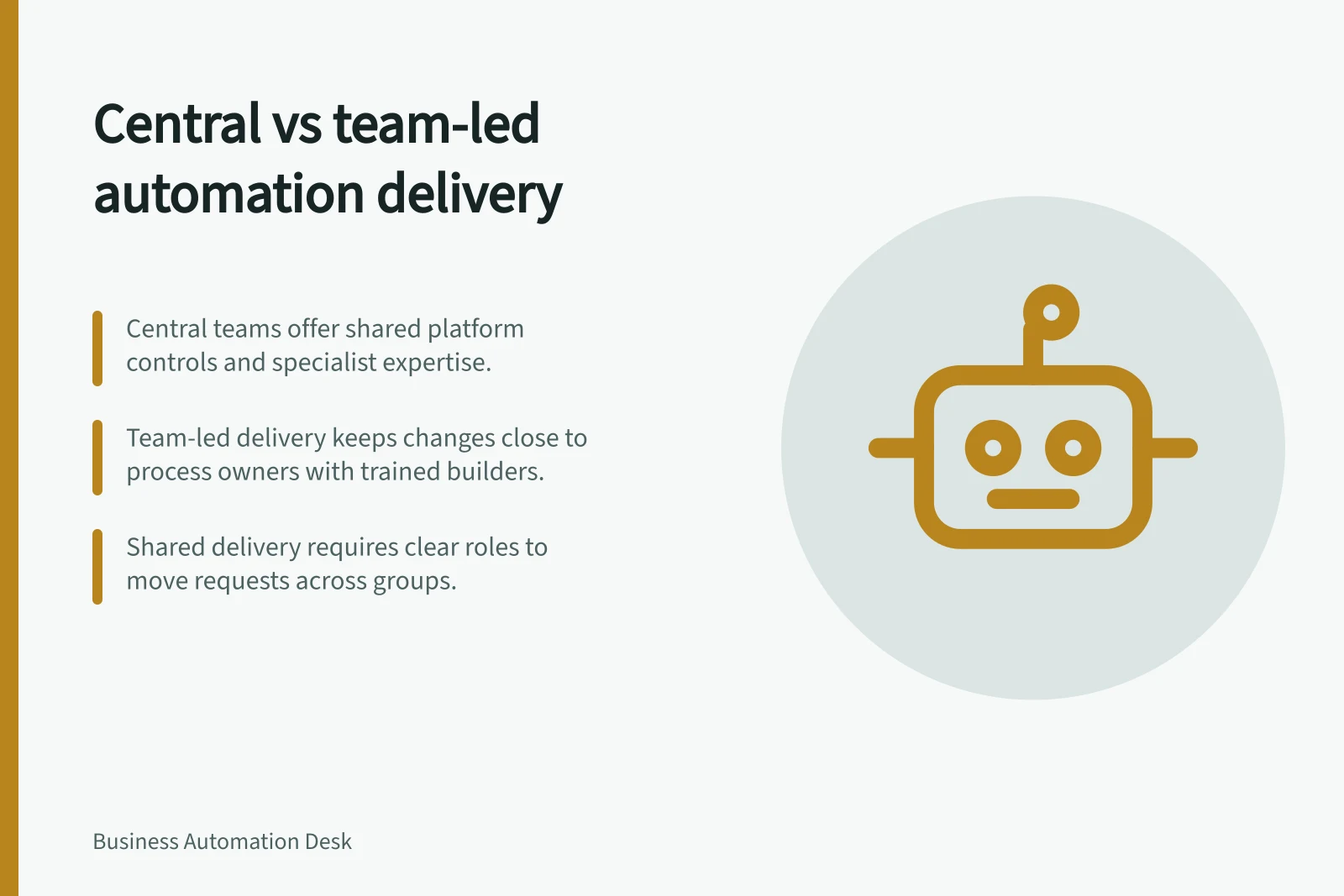 Central vs team-led automation delivery: Central teams offer shared platform controls and specialist expertise.; Team-led delivery keeps changes close to process owners with trained builders.; Shared delivery requires clear roles to move requests across groups.