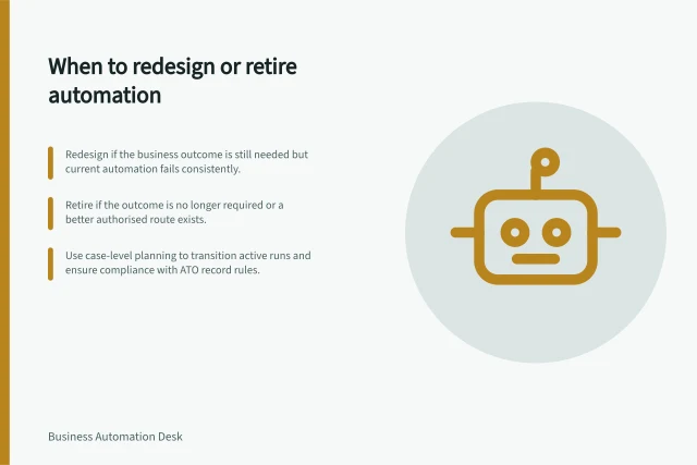 When to redesign or retire automation: Redesign if the business outcome is still needed but current automation fails consistently.; Retire if the outcome is no longer required or a better authorised route exists.; Use case-level planning to transition active runs and ensure compliance with ATO record rules. Deciding when to redesign or retire an automated process