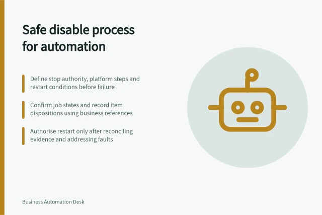 Safe disable process for automation: Define stop authority, platform steps and restart conditions before failure; Confirm job states and record item dispositions using business references; Authorise restart only after reconciling evidence and addressing faults. Defining a safe process for disabling an automation