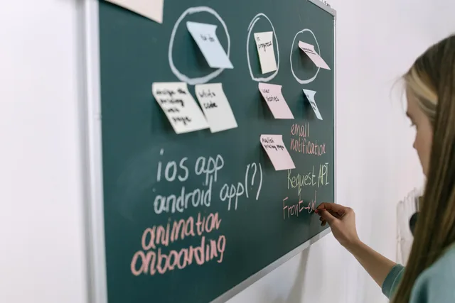 Woman writing on chalkboard during a brainstorming session in an office setting. Defining business outcomes before selecting technology