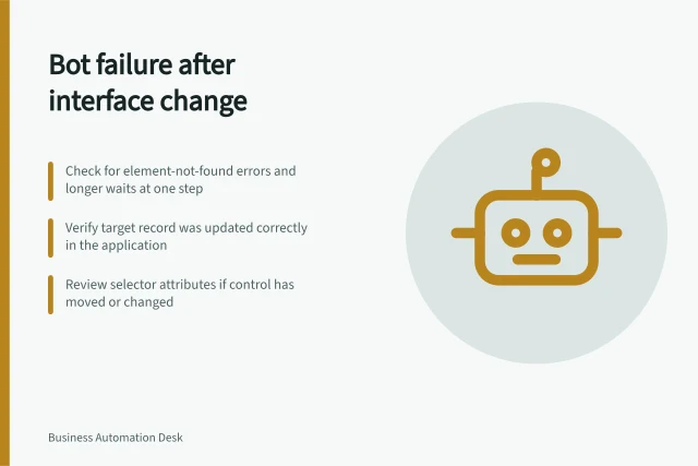 Bot failure after interface change: Check for element-not-found errors and longer waits at one step; Verify target record was updated correctly in the application; Review selector attributes if control has moved or changed. Detecting a bot broken by an interface change