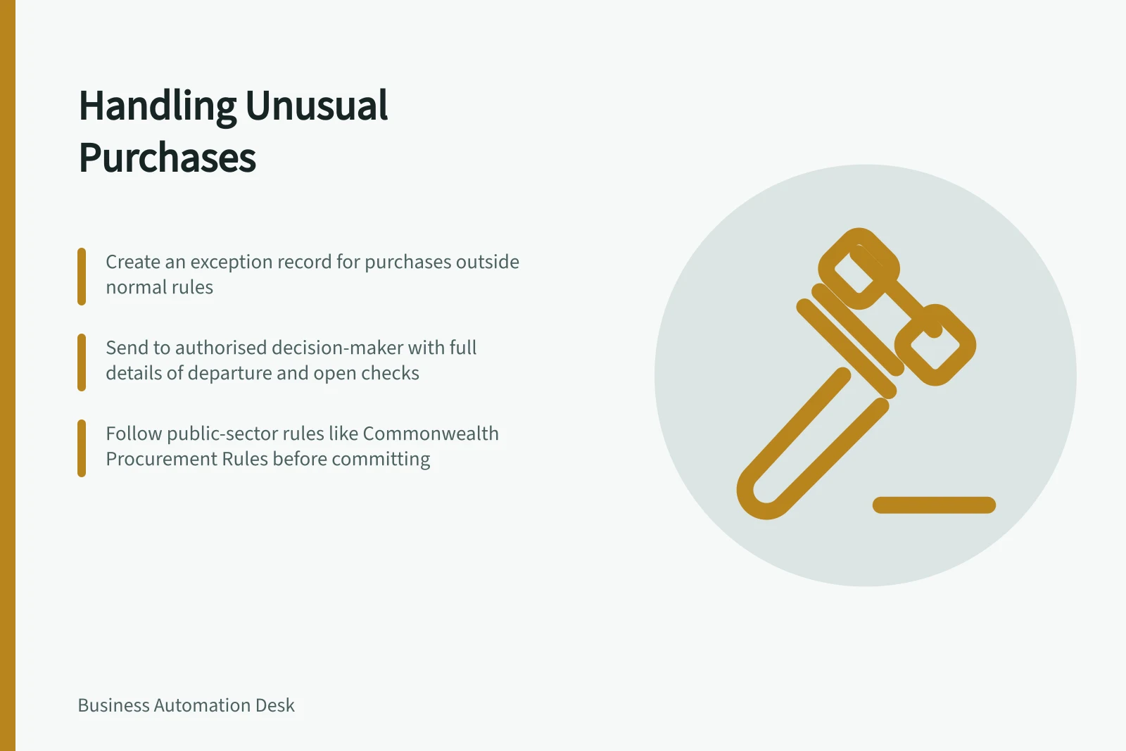 Handling Unusual Purchases: Create an exception record for purchases outside normal rules; Send to authorised decision-maker with full details of departure and open checks; Follow public-sector rules like Commonwealth Procurement Rules before committing