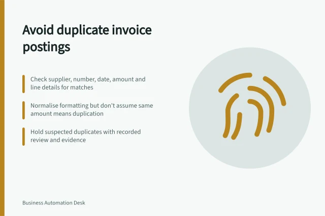 Avoid duplicate invoice postings: Check supplier, number, date, amount and line details for matches; Normalise formatting but don't assume same amount means duplication; Hold suspected duplicates with recorded review and evidence. Handling duplicate documents before financial posting