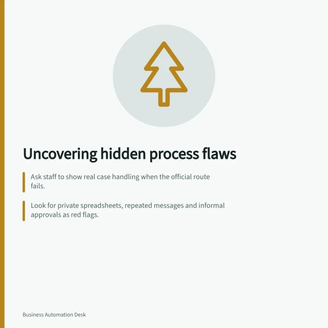 Uncovering hidden process flaws: Ask staff to show real case handling when the official route fails.; Look for private spreadsheets, repeated messages and informal approvals as red flags.; Check if removing a workaround worsens outcomes before fixing the root cause. Identifying workarounds that hide a broken process
