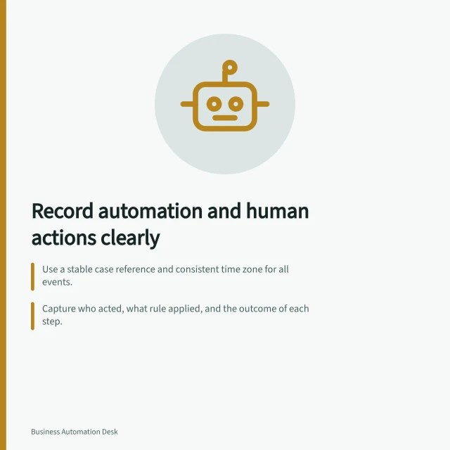 Record automation and human actions clearly: Use a stable case reference and consistent time zone for all events.; Capture who acted, what rule applied, and the outcome of each step.; Protect records from unauthorised change and follow APP 11 privacy rules. Keeping a record of automated and human actions