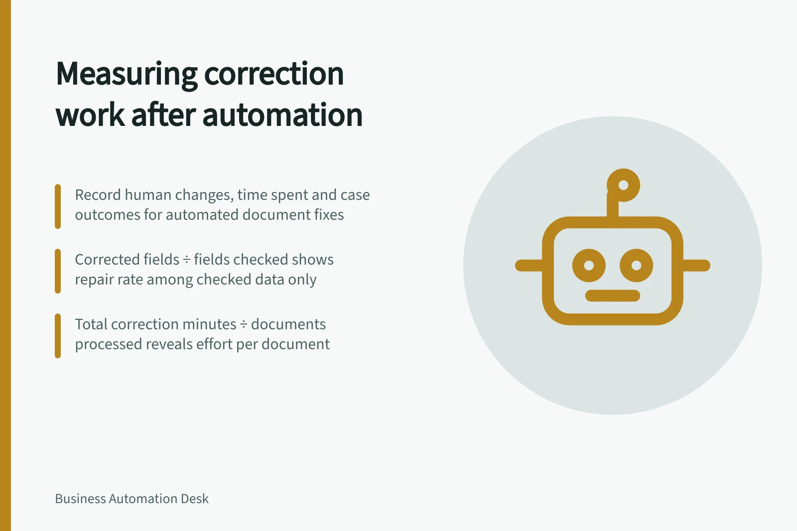 Measuring correction work after automation: Record human changes, time spent and case outcomes for automated document fixes; Corrected fields ÷ fields checked shows repair rate among checked data only; Total correction minutes ÷ documents processed reveals effort per document