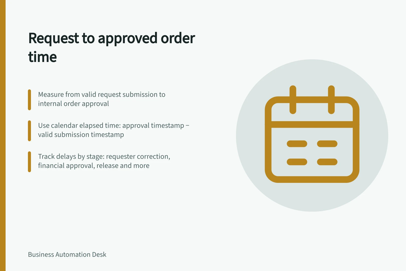 Request to approved order time: Measure from valid request submission to internal order approval; Use calendar elapsed time: approval timestamp − valid submission timestamp; Track delays by stage: requester correction, financial approval, release and more