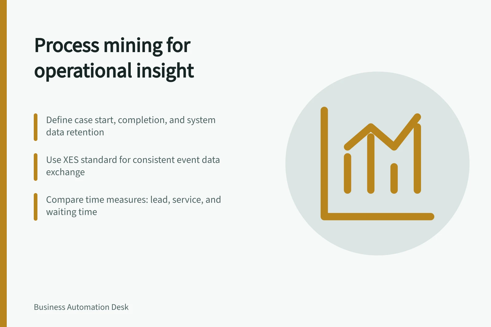Process mining for operational insight: Define case start, completion, and system data retention; Use XES standard for consistent event data exchange; Compare time measures: lead, service, and waiting time