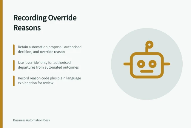 Recording Override Reasons: Retain automation proposal, authorised decision, and override reason; Use 'override' only for authorised departures from automated outcomes; Record reason code plus plain language explanation for review. Recording why an automated outcome was overridden