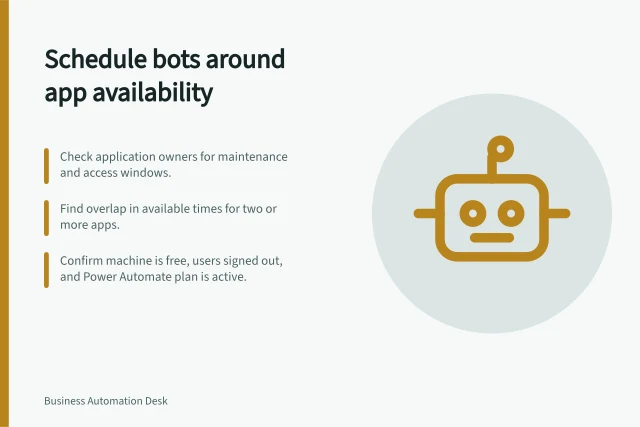 Schedule bots around app availability: Check application owners for maintenance and access windows.; Find overlap in available times for two or more apps.; Confirm machine is free, users signed out, and Power Automate plan is active. Scheduling bots around application availability