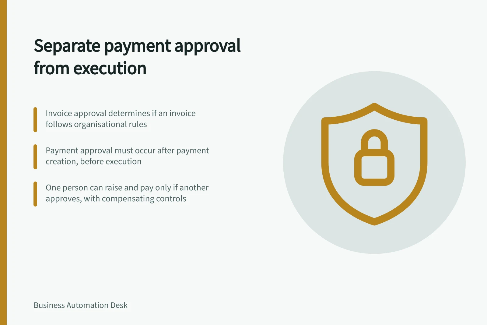 Separate payment approval from execution: Invoice approval determines if an invoice follows organisational rules; Payment approval must occur after payment creation, before execution; One person can raise and pay only if another approves, with compensating controls